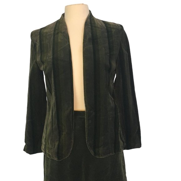 Tan Jay Green Velvet Skirt Suit, Jacket Blazer, Open Front,‎ sz 12, 28 waist - Picture 2 of 14